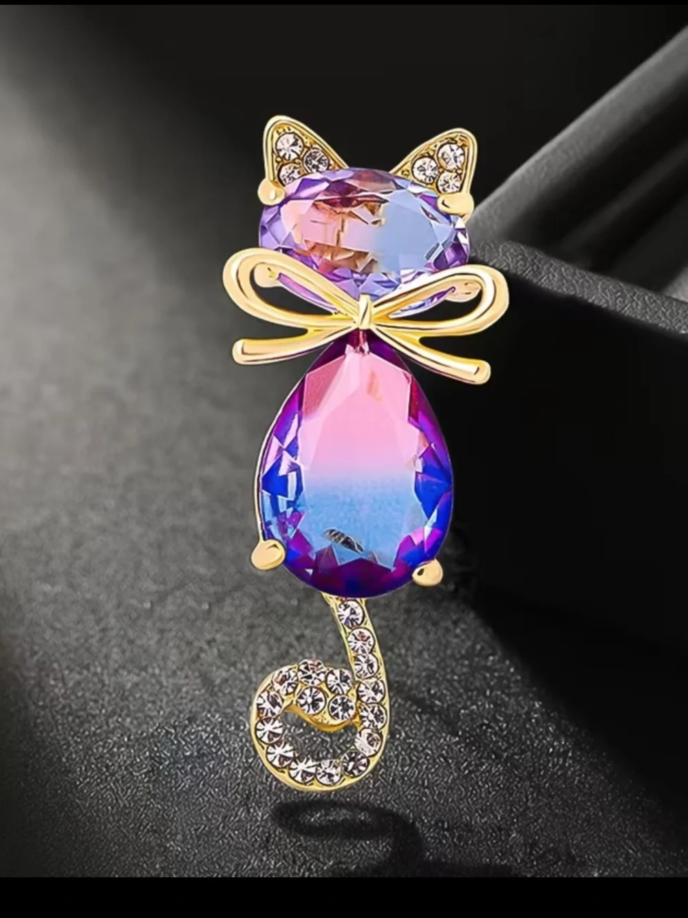 Gold Cat Brooch with Pink & Purple Crystal Accent nwt